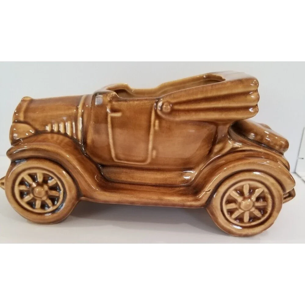 Vintage USA‑Marked Brown Ceramic Car Figurine Planter
